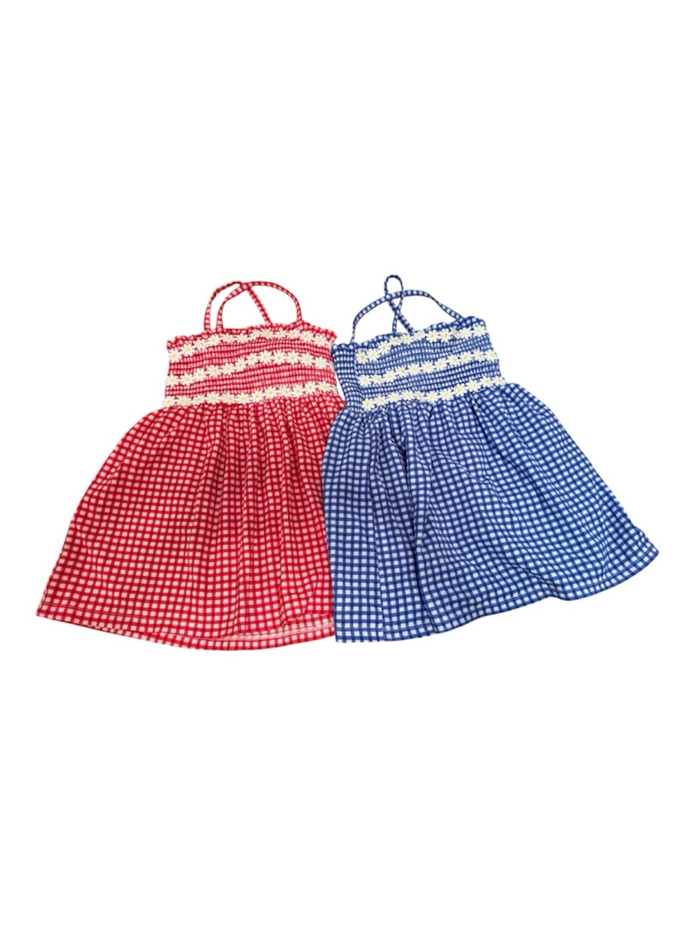 Old Navy Coordinating Twin Girls Red and Blue Gingham Smocked Sundress